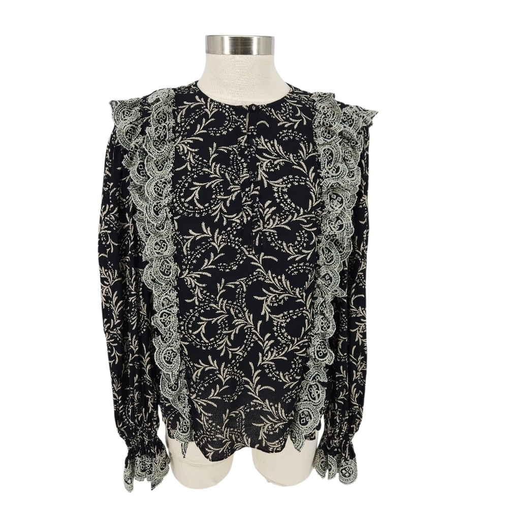 JOIE Blouse Black Floral Embroidered Ruffle Long Sleeve Button Front Shirt Small - Picture 1 of 8